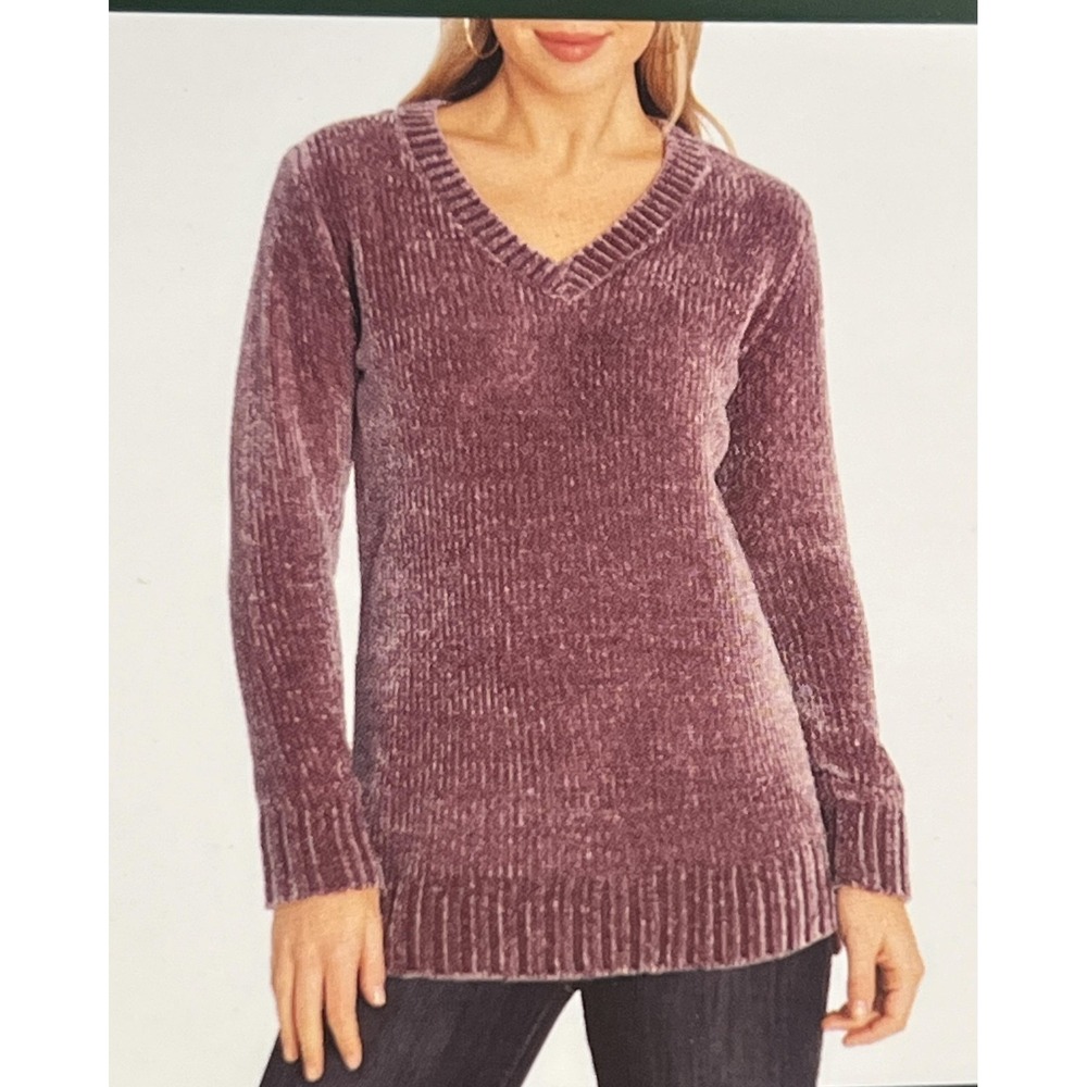 Orvis Chenille Sweater Womens Small Mauve Pink V-Neck Chunky Long Knit Pullover‎